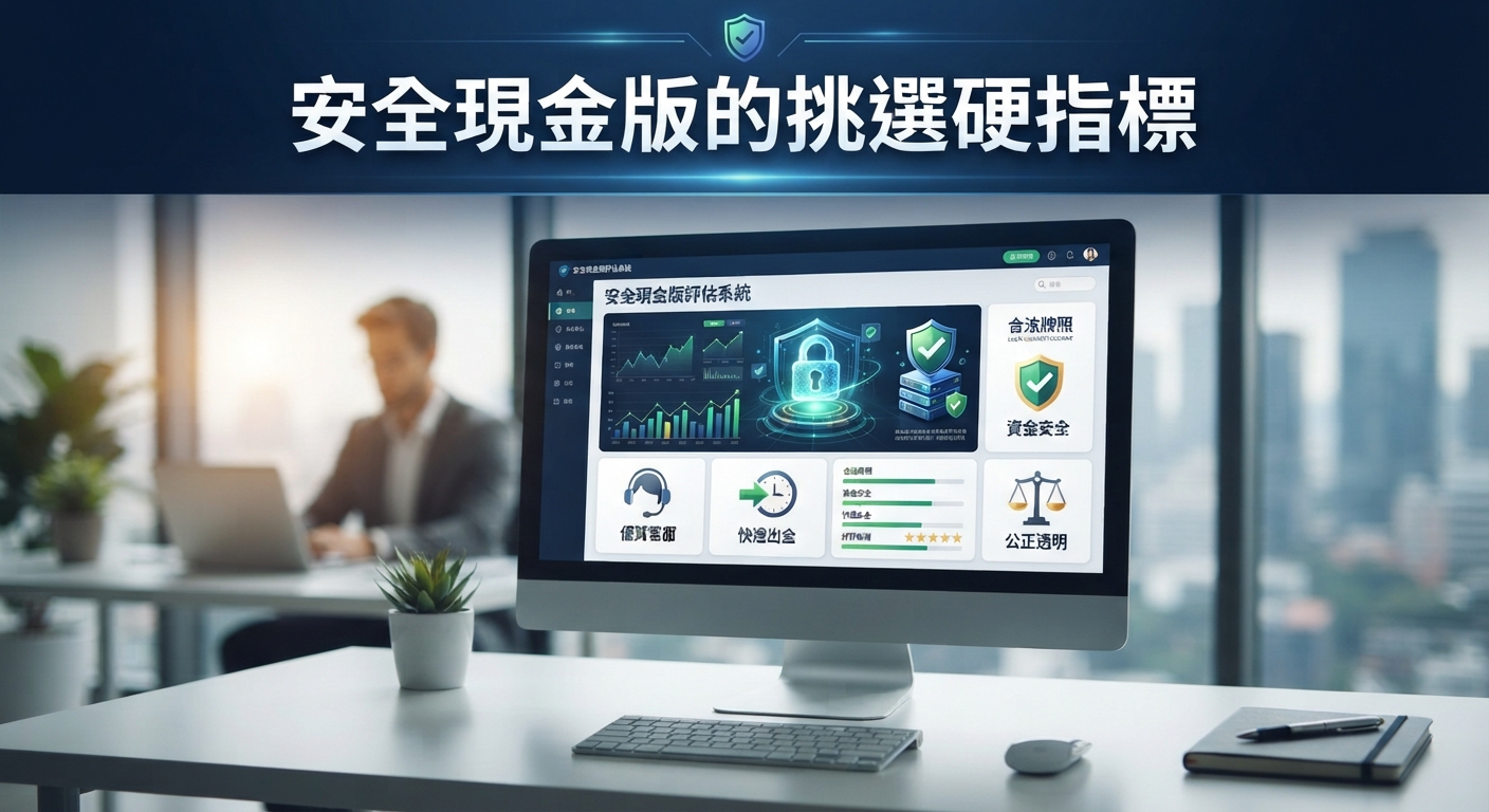 這張圖片展示了一間現代化辦公室，桌上擺放著顯示「安全現金評估系統」的電腦螢幕。 圖片上方醒目地標示著標題「安全現金版的挑選硬指標」。