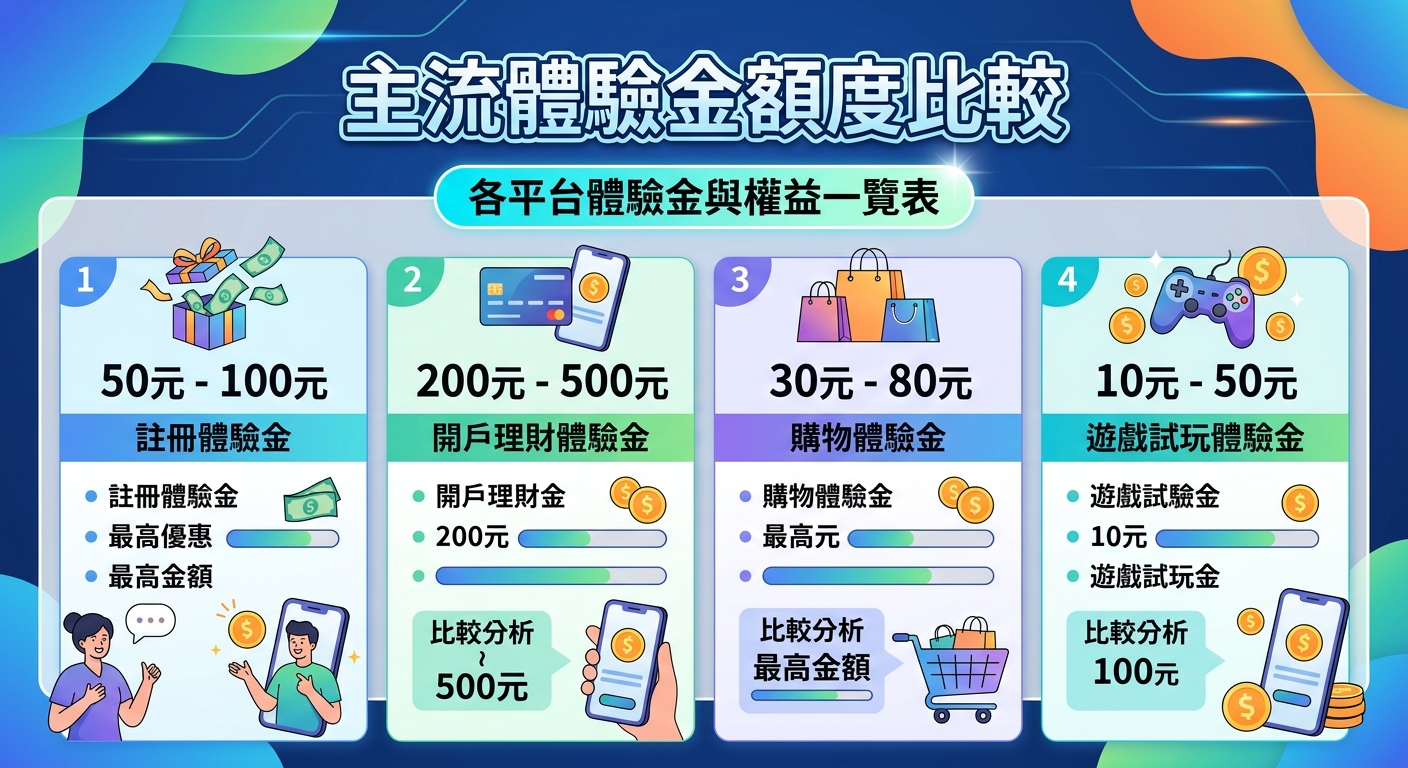 這張圖片採用現代數位插畫風格,以俐落的藍綠色調與圖表排版呈現「主流體驗金額度比較」的主題。 畫面中劃分為多個資訊卡片,搭配智慧型手機、購物袋與金幣等圖示,清晰展示不同平台的體驗金數據與權益分析。