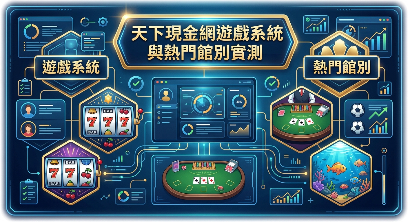 這張圖片採用科技感十足的藍色基調與扁平化插畫風格,展示了多種線上遊戲與系統分析介面。 畫面中央突出標題「天下現金網遊戲系統與熱門館別實測」,周圍結合了老虎機、真人百家樂及體育賽事等各類熱門館別圖示。