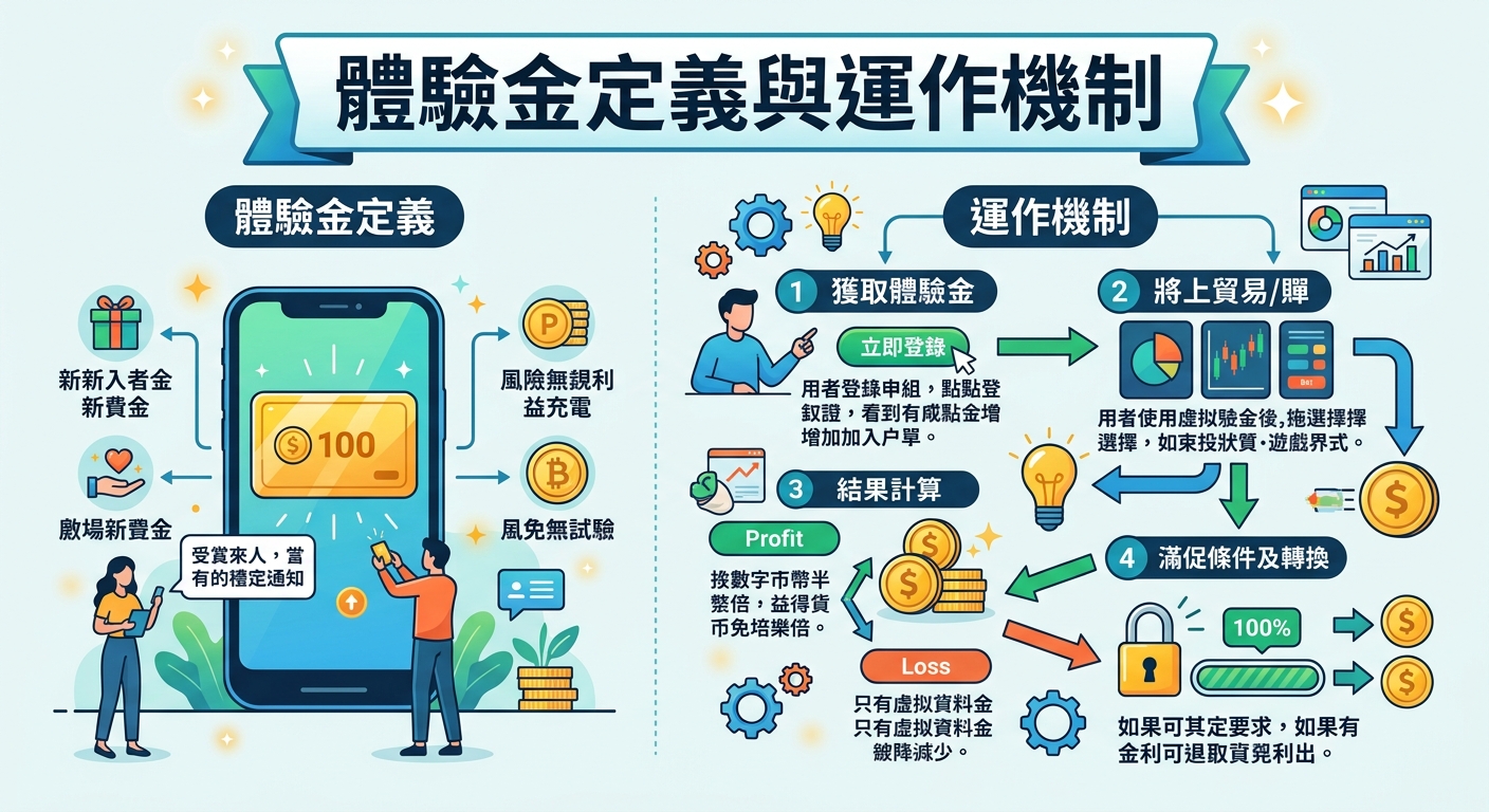這張圖片以現代扁平化風格呈現「體驗金定義與運作機制」主題,左側展示手機介面與用戶互動來傳達概念。 右側則透過齒輪、圖表與步驟流程,清楚說明獲取體驗金、進行交易到條件轉換的完整運作機制。