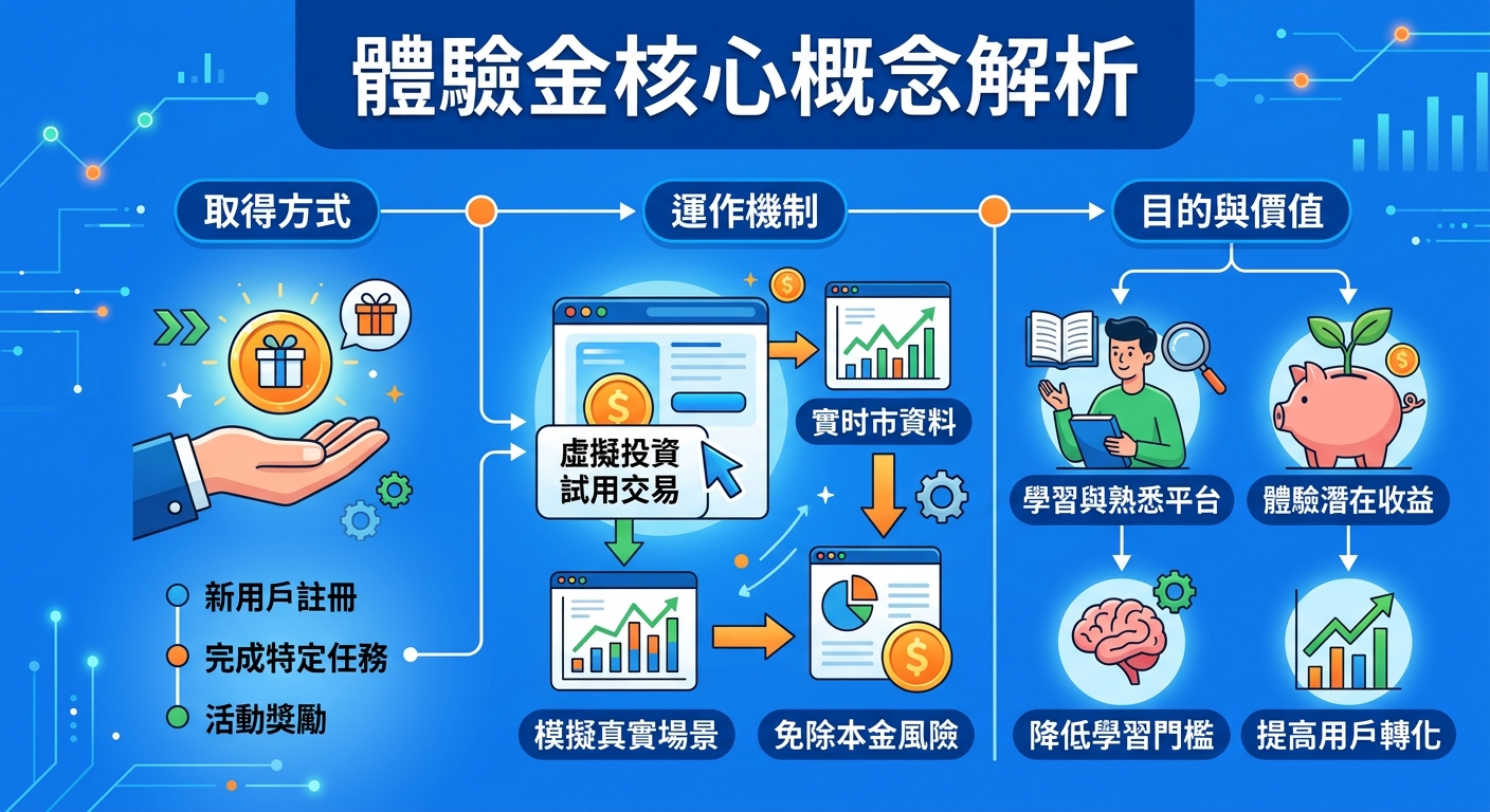 一張展示「體驗金核心概念解析」的資訊圖表,以藍色科技感為基調。 圖中透過清晰的流程圖與簡約圖標,呈現取得方式、運作機制及目的價值。