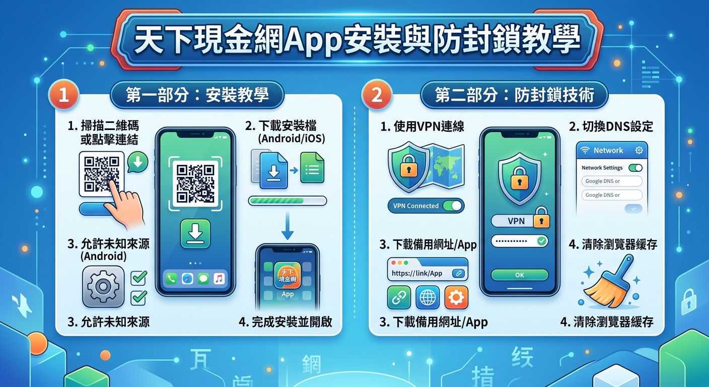 這張圖片是一個藍色科技風格的簡報指南,主題為 App 安裝與防封鎖教學。 內容分為兩大區域,分別透過智慧型手機圖示、二維碼與安全鎖標誌,圖解說明下載步驟與網路連線設定。
