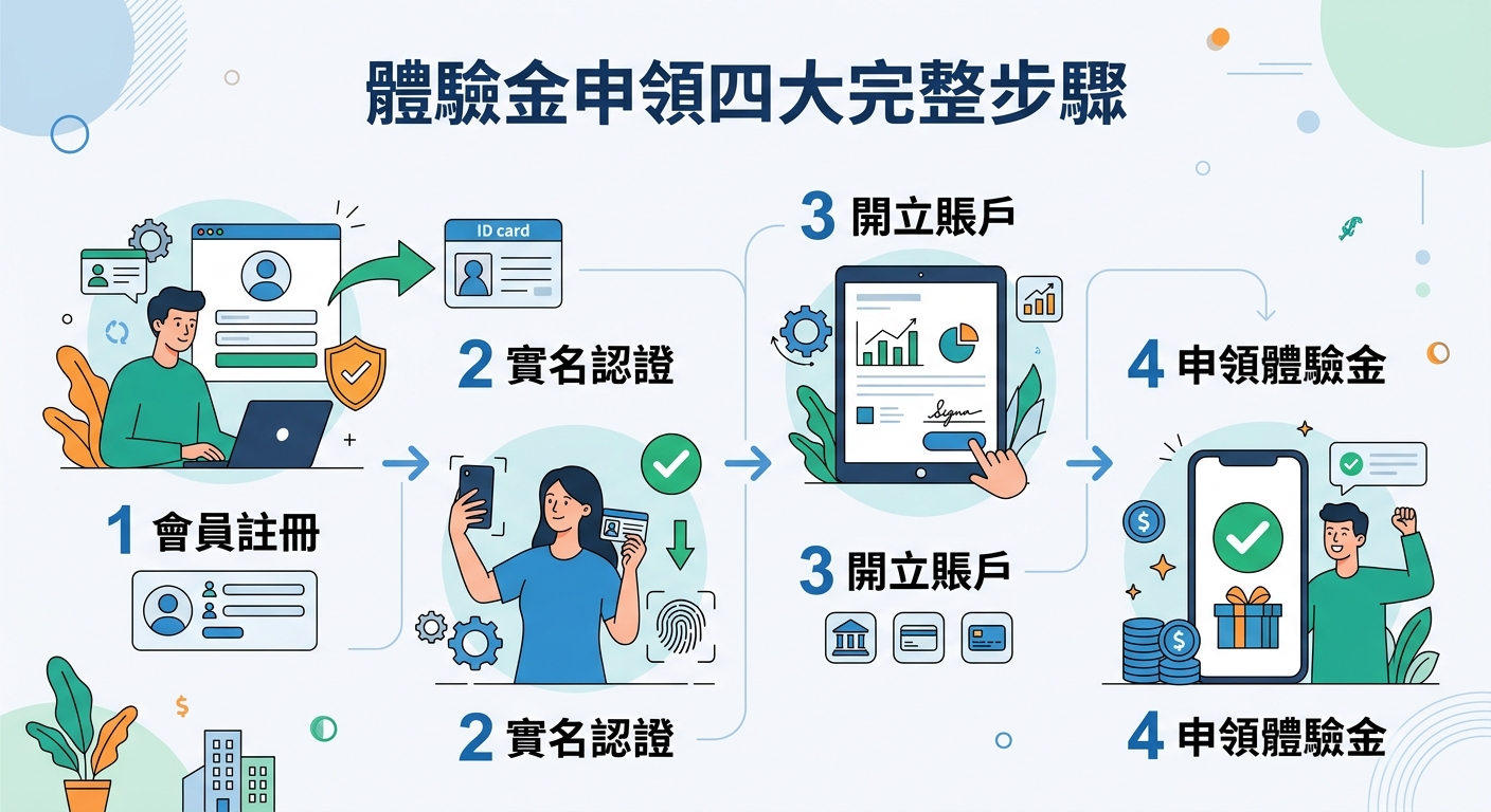 這張圖解以簡潔明亮的現代扁平風格展示,上方標有醒目的標題「體驗金申領四大完整步驟」。 畫面由左至右呈現四個圖示化流程,包含會員註冊、身分認證、帳戶開立與領取獎勵,結構清晰易懂。